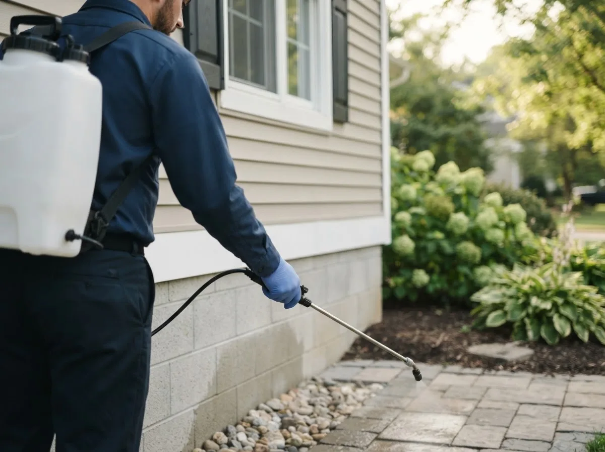 Pest control technician inspecting a home in Clover, VA